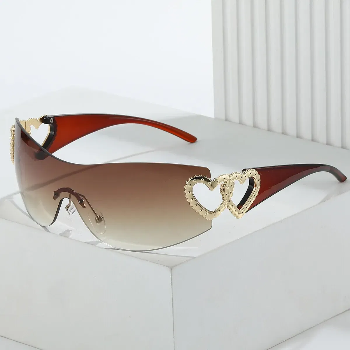 Frame Color: Gold, Lenses Color: Silver - Y2K Wrap Around Fashion Sunglasses For Women Men One-piece Gradient Lens Glasses Heart Design Hollow Temple Eyewear UV400