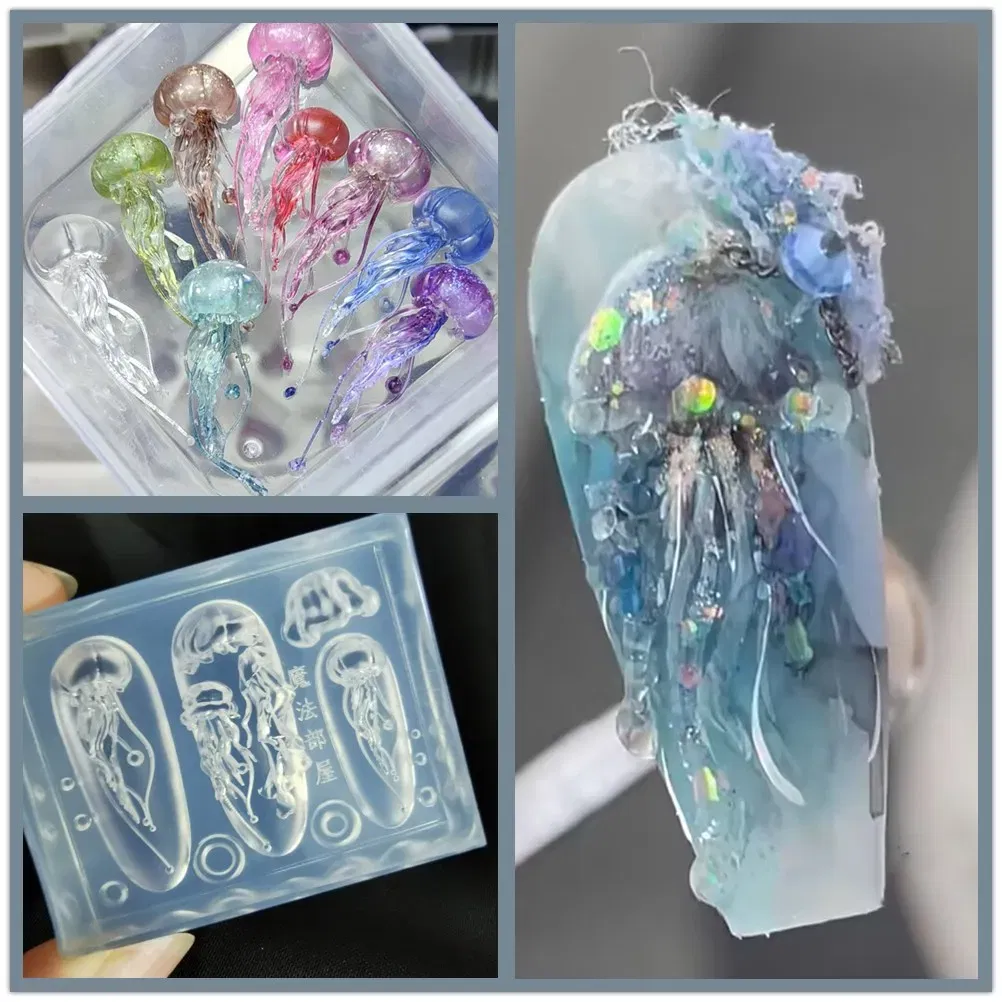 Color: light pink - 1pc Marine Jellyfish  Lace Ice Flowers 3D Acrylic Nail Mold Nail Art  Silicone Stamping Plates  Nail Accessories