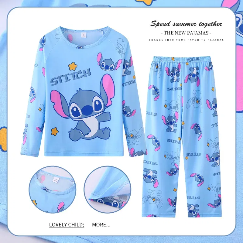 Color: Beige, Kid Size: 11 - 2pcs/set New Disney Stitch Children Pyjamas for Boys and Girls Sets Kid Minnie Home Wear Travel Casual Sleepwear Suit Cute Gift