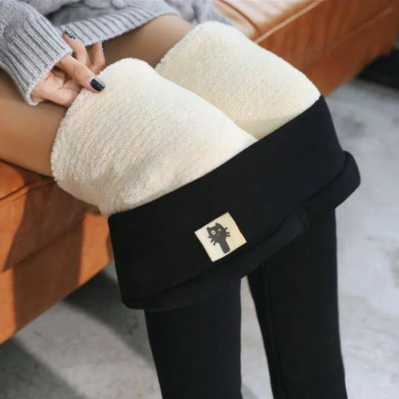 Color: Beige, Size: S - Winter Women Leggings Solid Warm Leggings Thicken Lambwool Hight Waist Fleece Keep Butt Lift High Stretchy Walking Pants Pocket