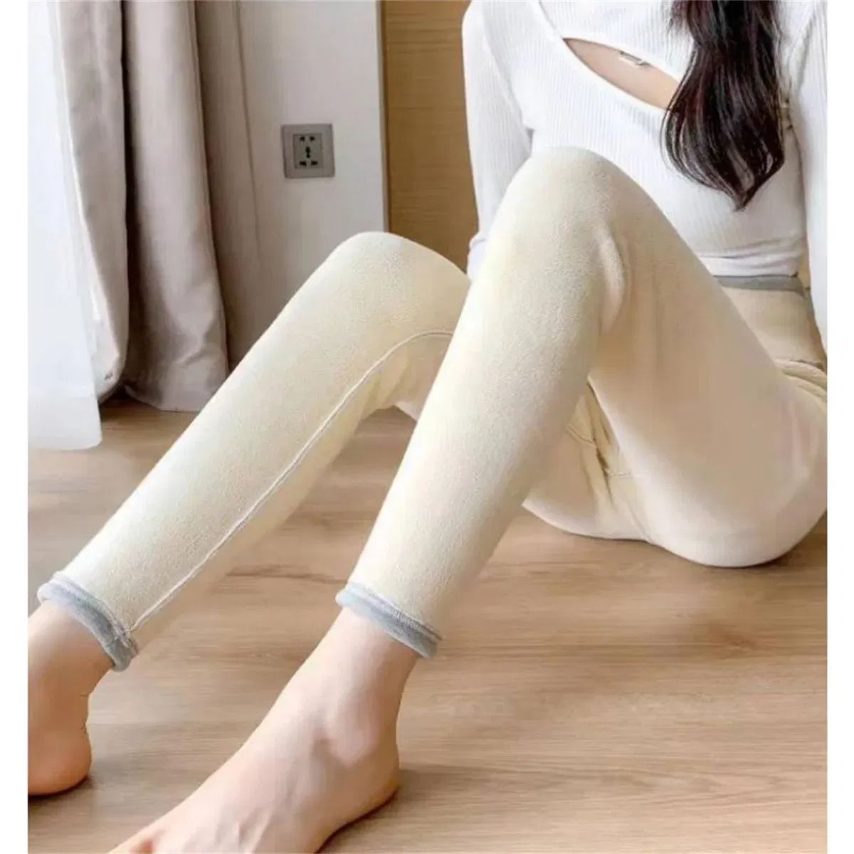 Color: Beige, Size: S - Winter Women Leggings Solid Warm Leggings Thicken Lambwool Hight Waist Fleece Keep Butt Lift High Stretchy Walking Pants Pocket