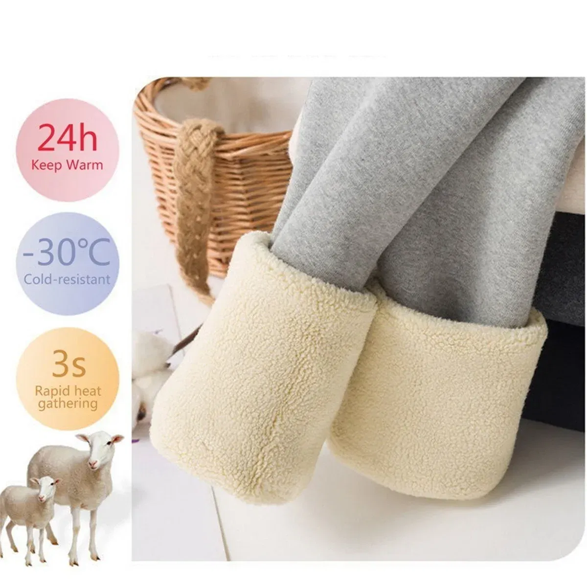 Color: Beige, Size: S - Winter Women Leggings Solid Warm Leggings Thicken Lambwool Hight Waist Fleece Keep Butt Lift High Stretchy Walking Pants Pocket