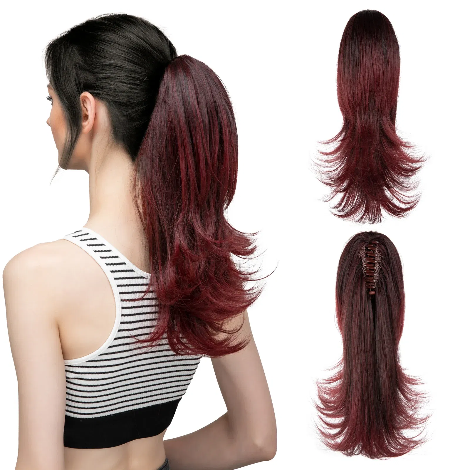 Color: #144, Stretched Length: 14inches - Synthetic Claw Clip In Ponytail Hair Extensions 14 Inch Wavy Hairpiece Fake Blonde Black Hair False Pigtail With Elastic Band