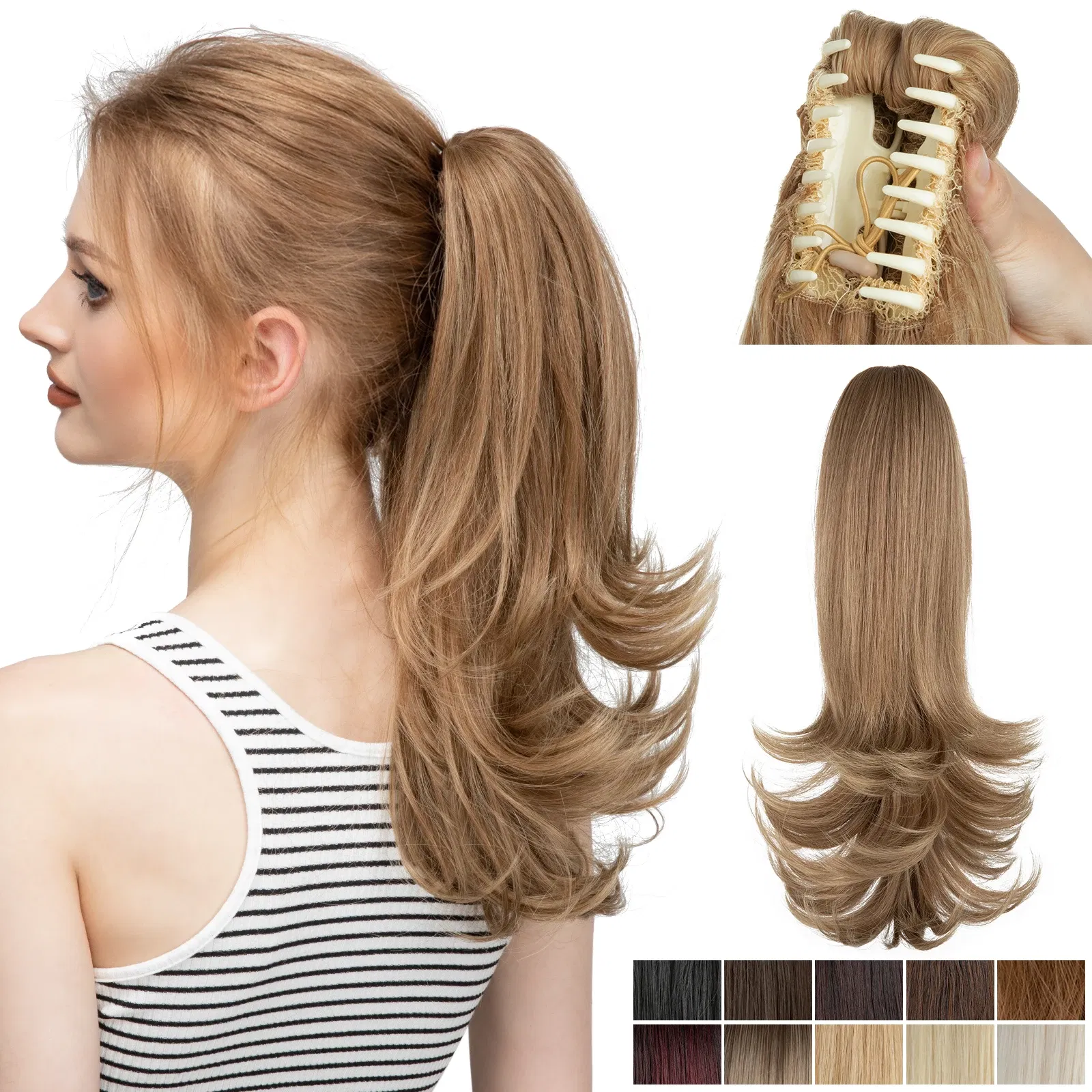 Color: #144, Stretched Length: 14inches - Synthetic Claw Clip In Ponytail Hair Extensions 14 Inch Wavy Hairpiece Fake Blonde Black Hair False Pigtail With Elastic Band