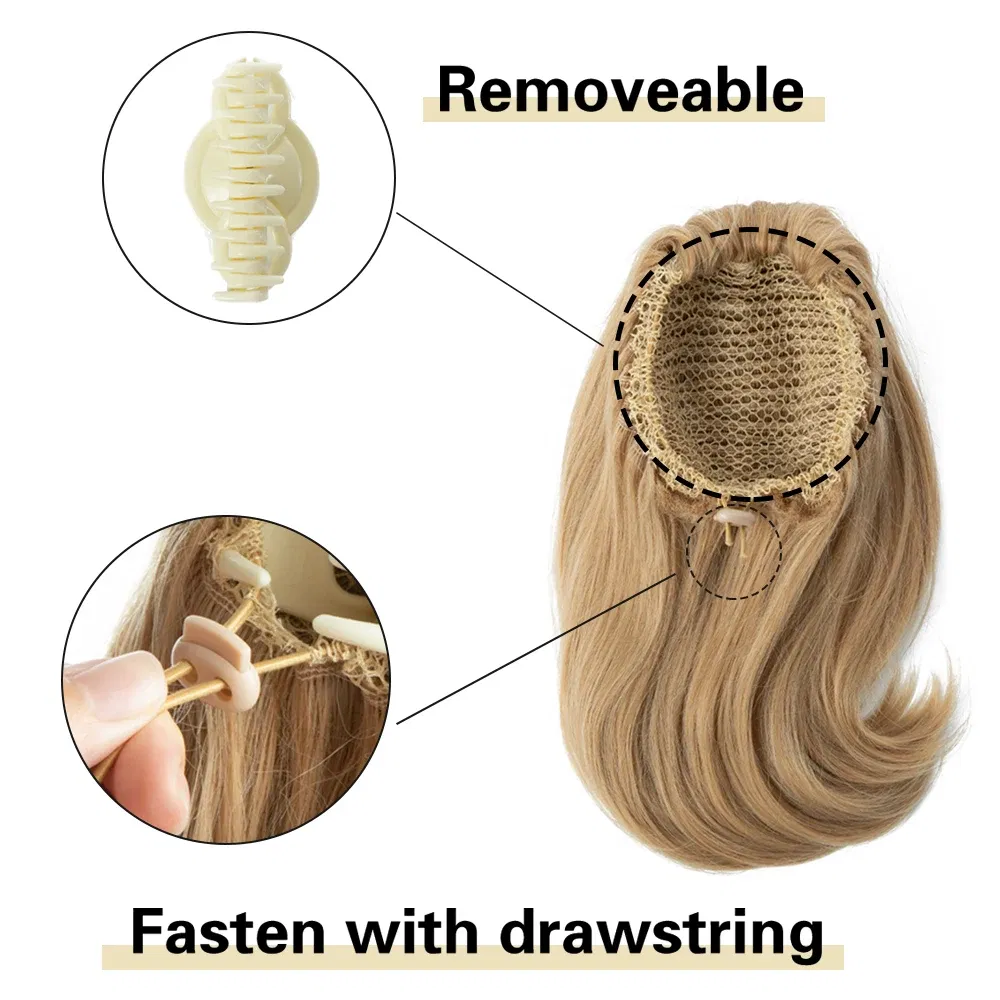 Color: #144, Stretched Length: 14inches - Synthetic Claw Clip In Ponytail Hair Extensions 14 Inch Wavy Hairpiece Fake Blonde Black Hair False Pigtail With Elastic Band