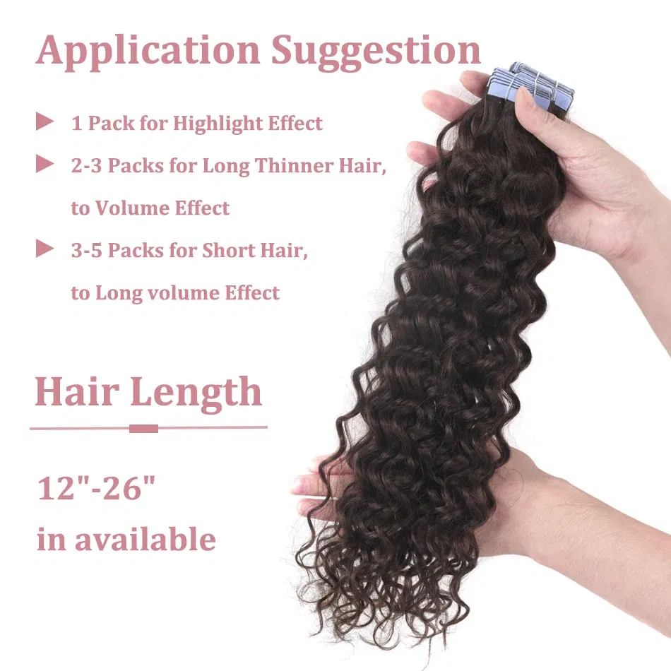 Color: #60, Length: 12 inches, Items per Package: 40 pcs - Water Wave Tape in Human Hair Extensions 2g/pcs Dark Brown Real Human Hair Adhesive Invisible Keratin Hair Extensions for Women