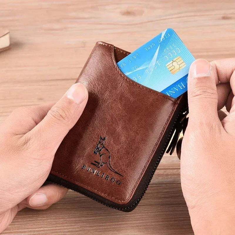 Color: black - Luxury Designer Leather Men's Wallet RFID Zipper Card Holder Wallets for Men Portable Short Male Wallets Handbag