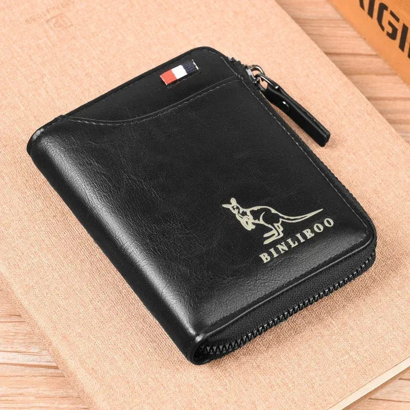 Color: black - Luxury Designer Leather Men's Wallet RFID Zipper Card Holder Wallets for Men Portable Short Male Wallets Handbag