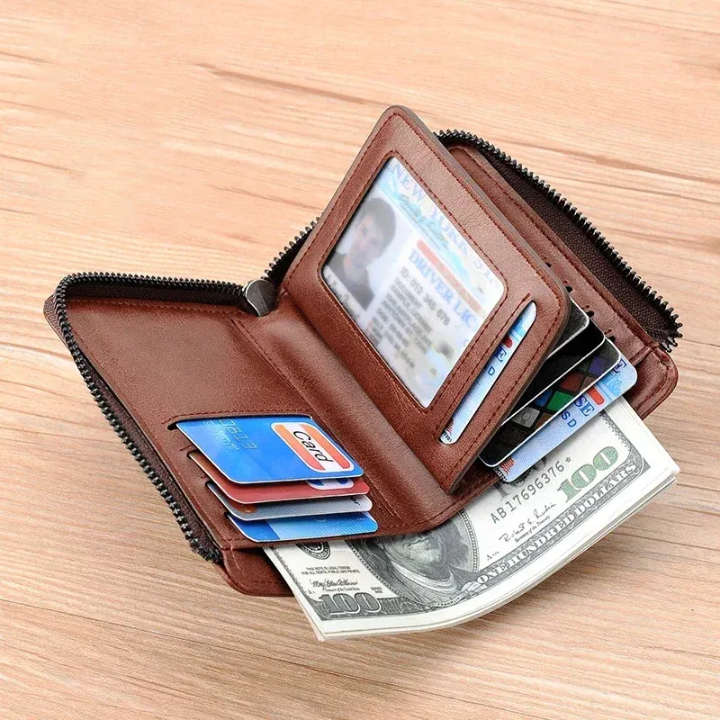 Color: black - Luxury Designer Leather Men's Wallet RFID Zipper Card Holder Wallets for Men Portable Short Male Wallets Handbag