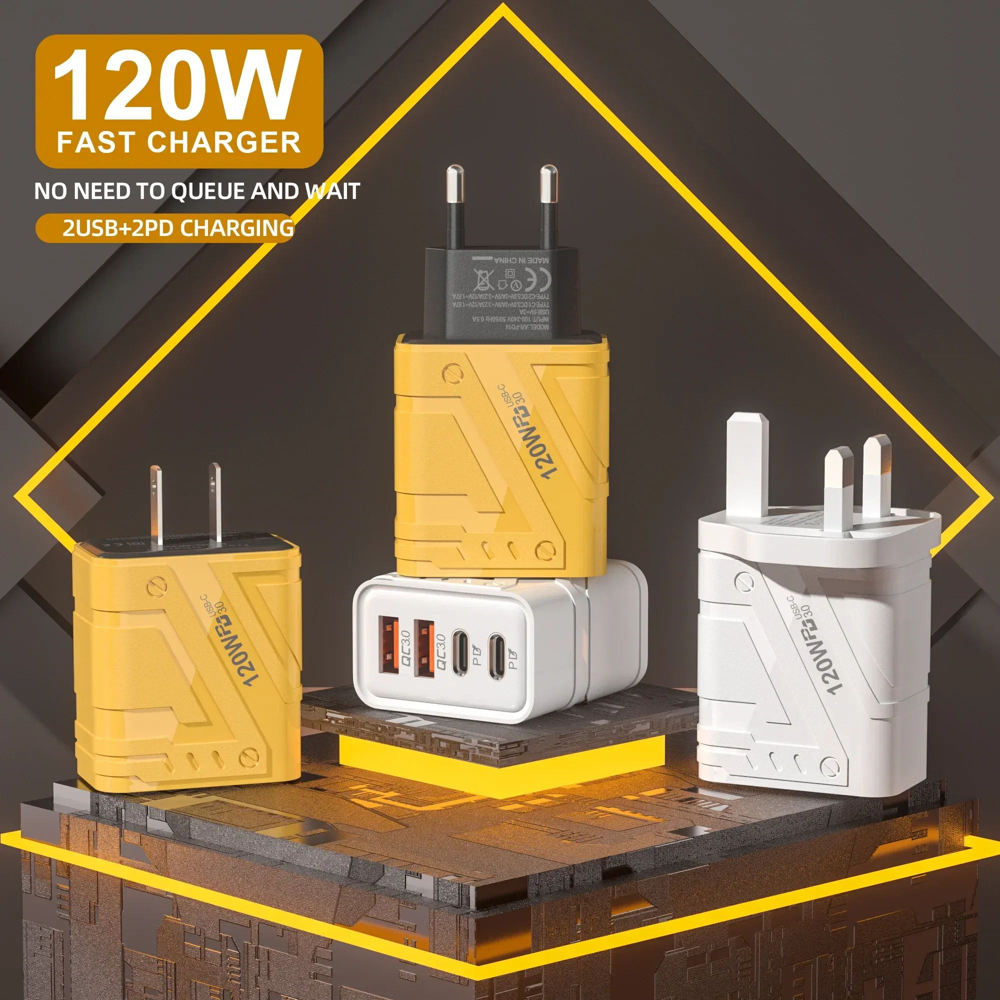 Plug Type: ES - Xiaomi 4 Ports Phones Charger 120W Fast Quick Charger USB 3.0  PD Charger Adapter For iPhone Samsung EU US UK Plug Wall Adapter