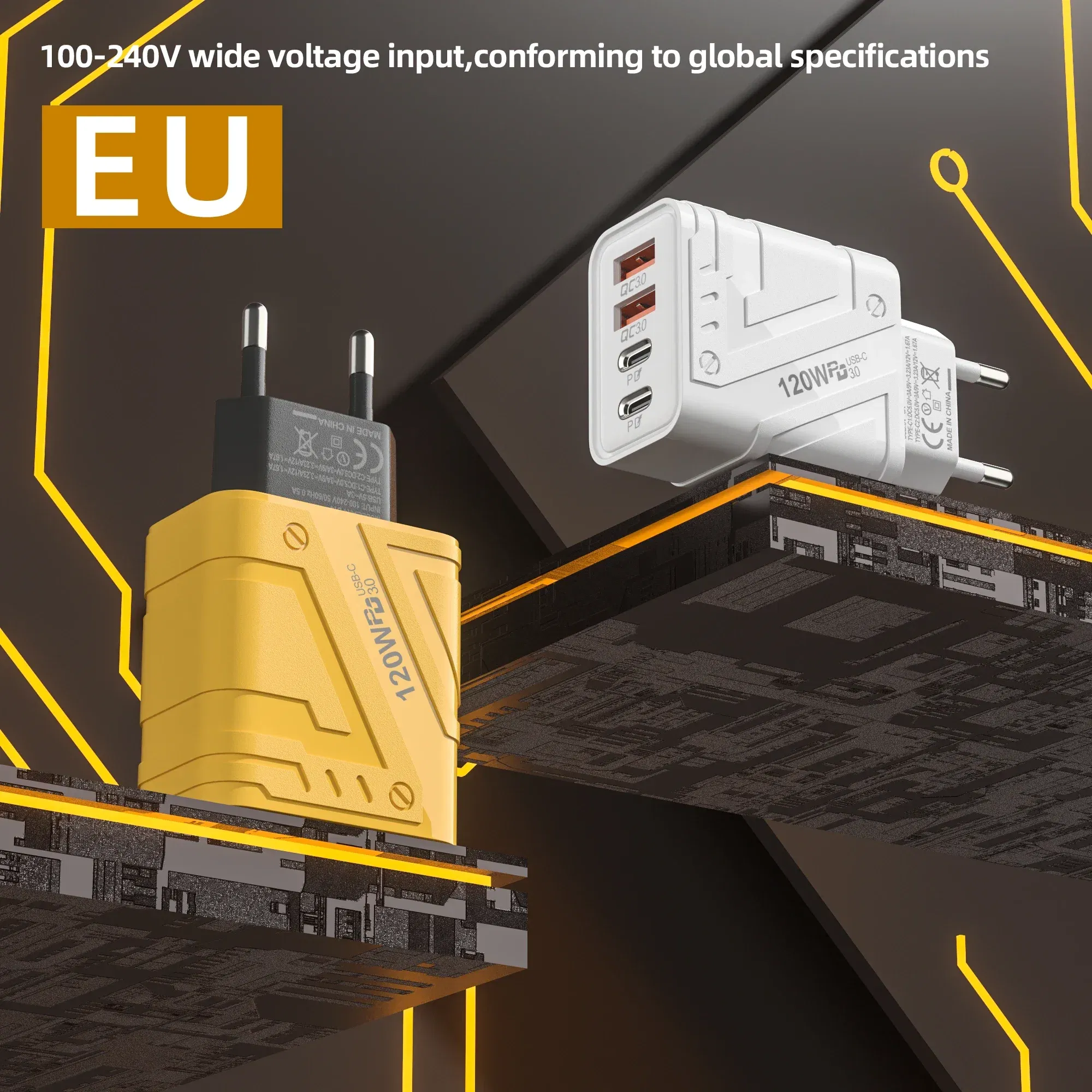 Plug Type: ES - Xiaomi 4 Ports Phones Charger 120W Fast Quick Charger USB 3.0  PD Charger Adapter For iPhone Samsung EU US UK Plug Wall Adapter