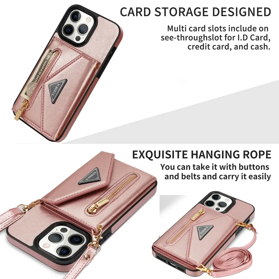 Color: Pink, Material: Plastic - Wallet Side Card Zipper Flip Crossbody Leather Case For iPhone 15 14 Pro Max 13 Mini 12 11 SE 2022 2020 X XS XR 8 7 6 6s Plus