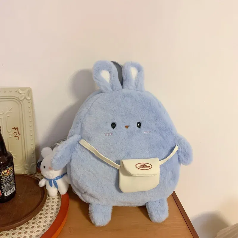 Color: Blue - 2024 New Cartoon Plush Rabbit Backpack Girl Cute Large Capacity Soft Bag Leisure Plush Book Bag Solid Color Crossbody Bag
