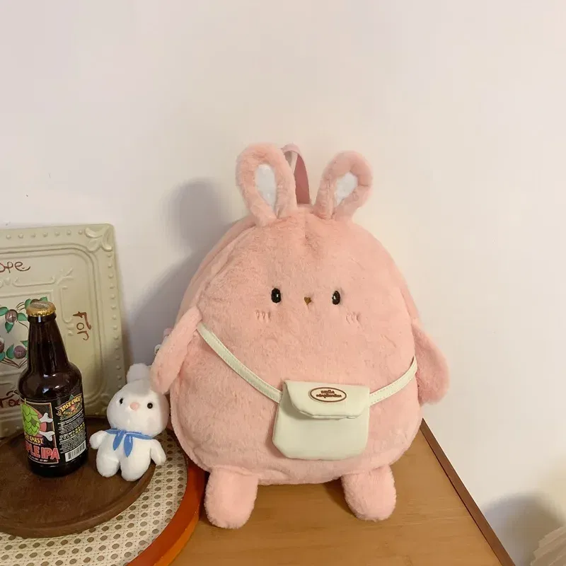 Color: Blue - 2024 New Cartoon Plush Rabbit Backpack Girl Cute Large Capacity Soft Bag Leisure Plush Book Bag Solid Color Crossbody Bag