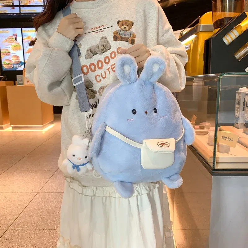 Color: Blue - 2024 New Cartoon Plush Rabbit Backpack Girl Cute Large Capacity Soft Bag Leisure Plush Book Bag Solid Color Crossbody Bag