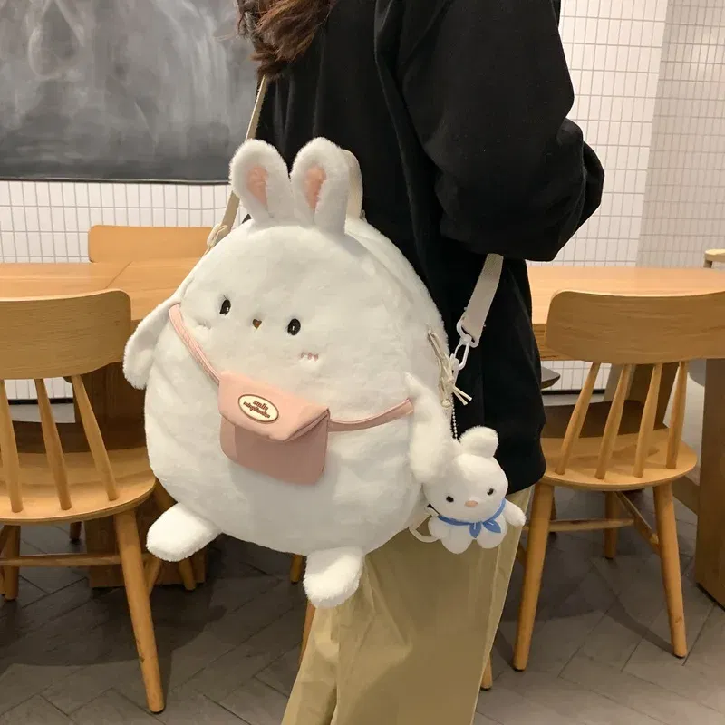 Color: Blue - 2024 New Cartoon Plush Rabbit Backpack Girl Cute Large Capacity Soft Bag Leisure Plush Book Bag Solid Color Crossbody Bag