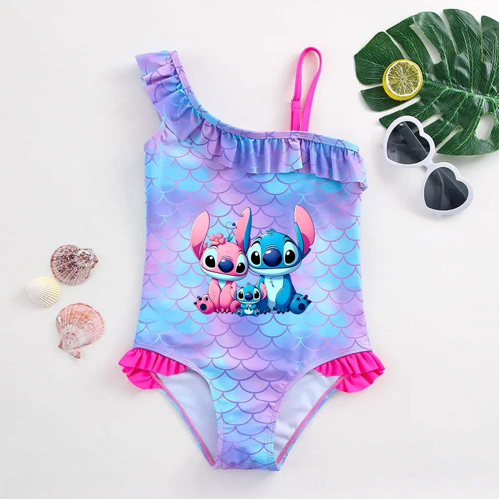 Color: Silver, Size: XS - Stitch Girls Swimsuit Fashion Mermaid Fish Scale One-Piece Bathing Suits Children's Dresses Summer Swimwear Beach Suit Kids Wear