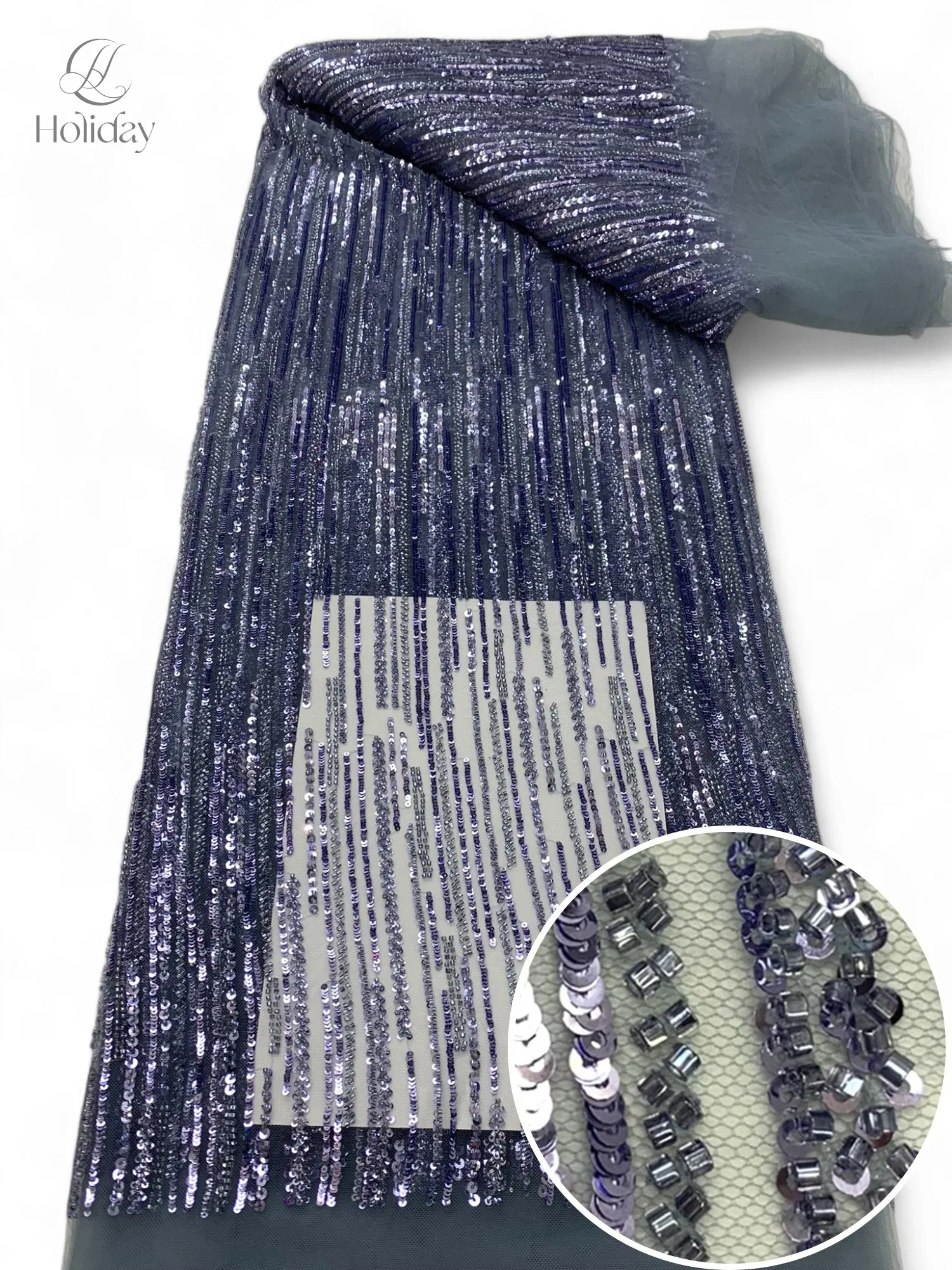 Color: SKY BLUE, Width: 130cm, Length: 3 YARDS - 3Y/piece Latest Nigerian Sequins Lace Fabric  Beaded Lace Fabric Luxury French Embroidery Groom Lace Fabric For Wedding Dress