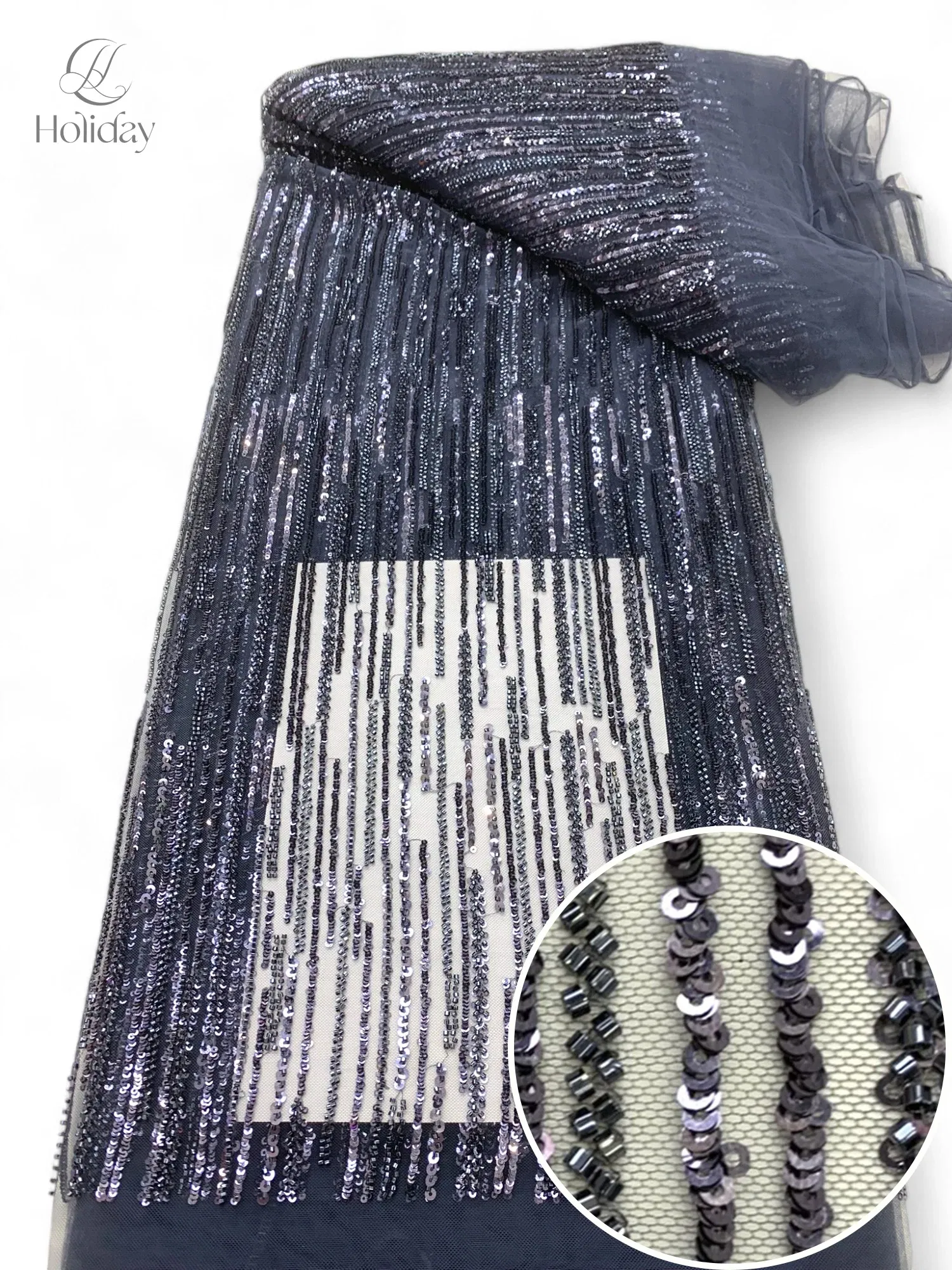 Color: SKY BLUE, Width: 130cm, Length: 3 YARDS - 3Y/piece Latest Nigerian Sequins Lace Fabric  Beaded Lace Fabric Luxury French Embroidery Groom Lace Fabric For Wedding Dress