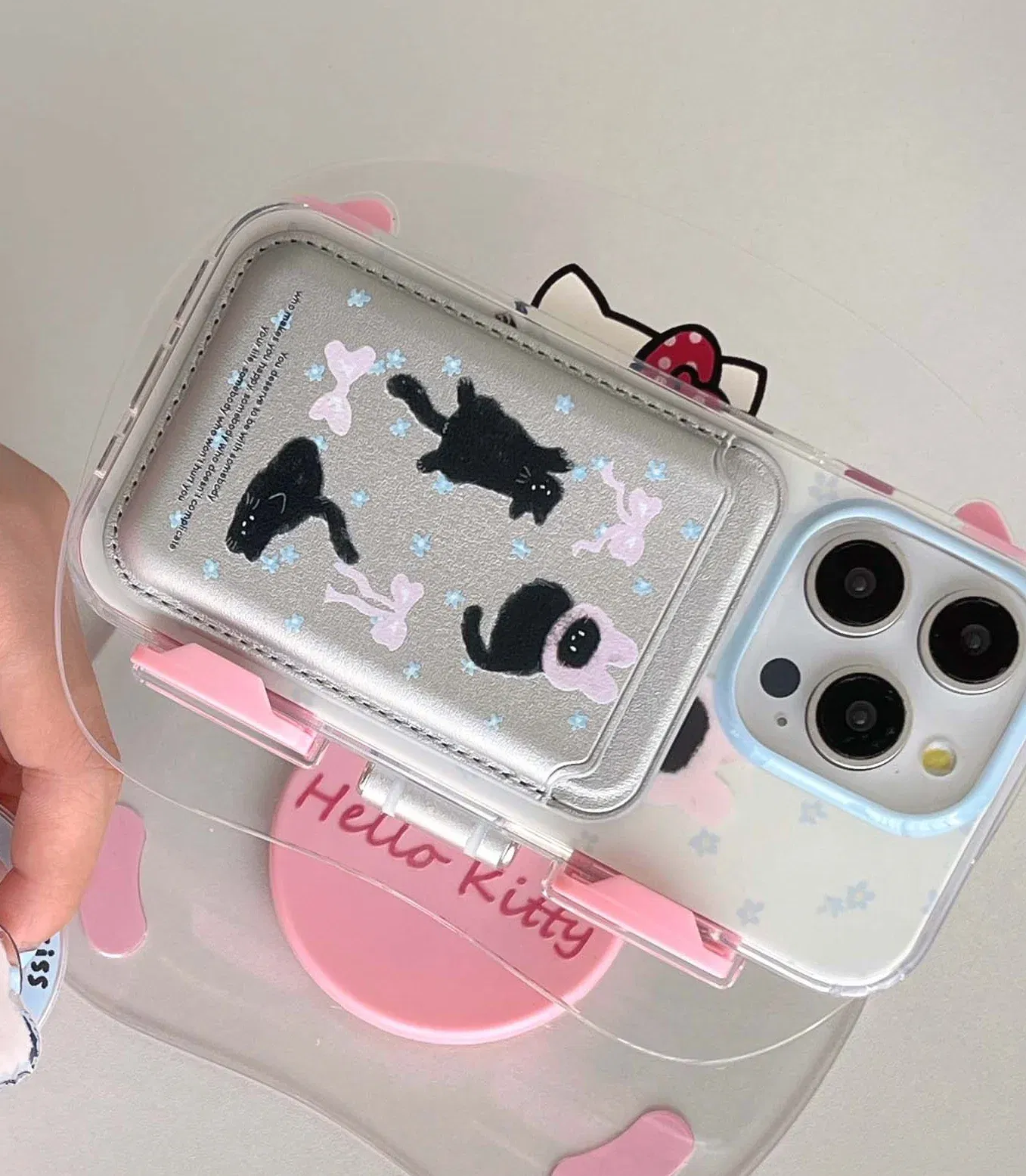 Color: Blue, Material: PC - Cute Black Cat, Pink Bow, Blue Flower Magnetic Card Holder Phone Case for IPhone 13 14 15 Pro Max 13Pro 16ProMax 14Pro 15Pro 12