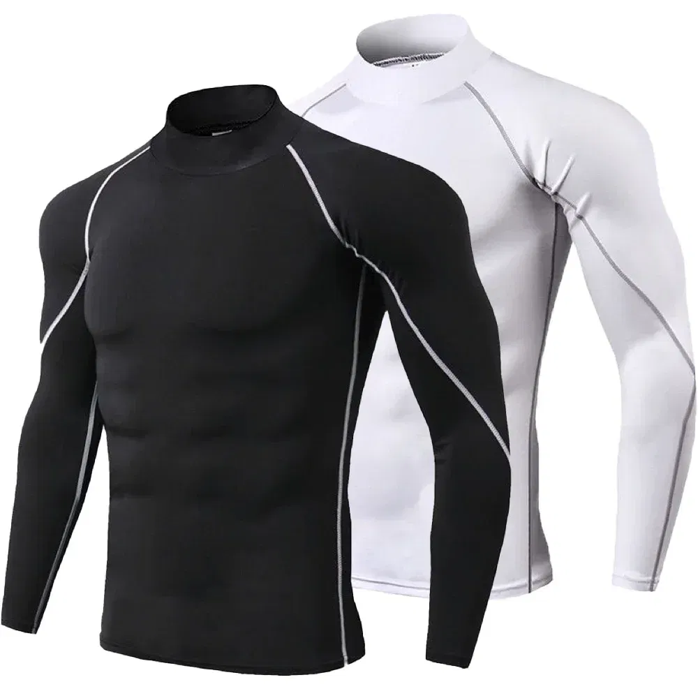 Color: Blue, Size: XXL - Men's Quick Dry Running T-shirt Workout Compression Shirt Turtleneck Long Sleeve Rash Guard Gym Base Layer Athletic Undershirt