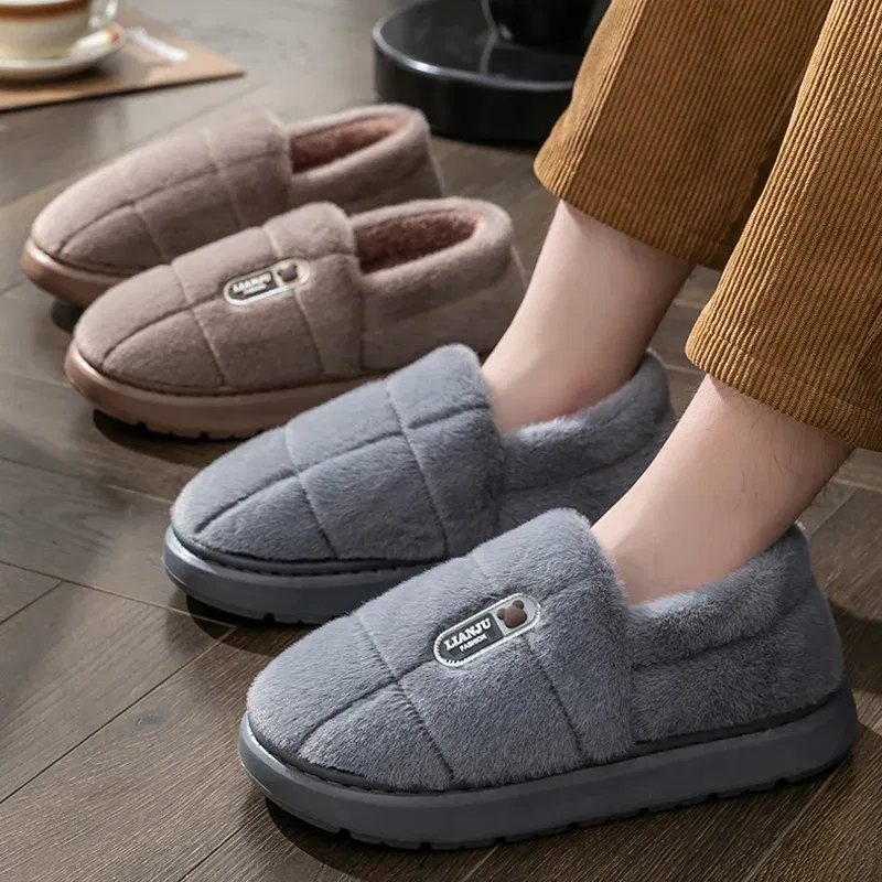 Color: Red, Shoe Size: 38-39 - Men's slippers Winter Solid Color Wrap Heels Plush Slippers Non-slip Warm Women Men Home Casual Cotton Shoes Big Size 50 51