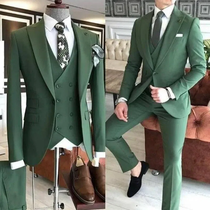 Color: green, Size: XXL, Ships From: CHINA - Groom Wear 3 Pieces Gray Men Suits 2021 Slim Fit Peak Lapel One Button Tailor Made Terno Masculino (Jacket+Pants+Vest+Tie?‰