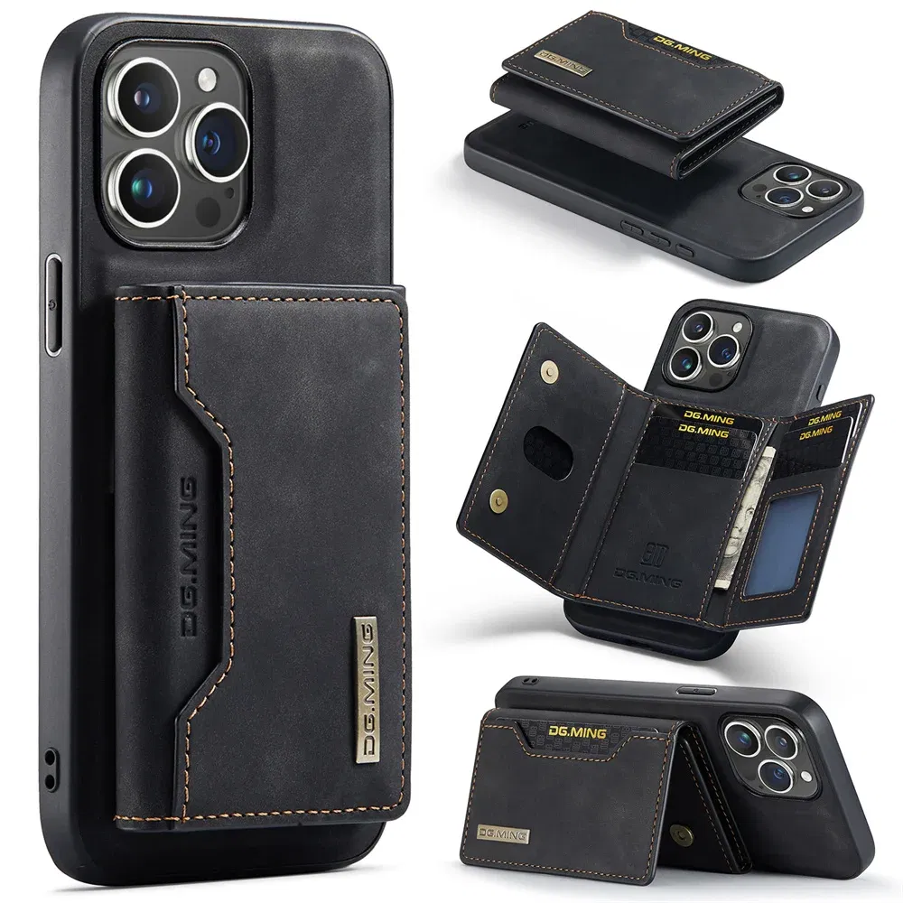 Color: black, Material: leather - 2 In 1 Case For iPhone 16 15 14 13 12 11 Pro Max Plus XS Max XR 8 Plus SE 2022 Wallet Magnetic Leather Card Holder Pocket Cover