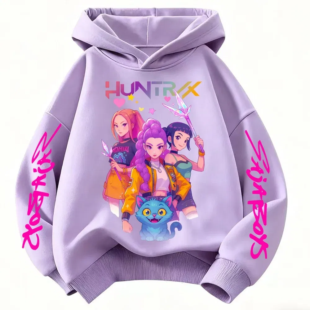 Color: Pink, Kid Size: 5 - Movie KPop Demon Hunters Rumi Mira Zoey Graphic Hoodie Men's Women Korean Fashion Trend Streetwear Unisex Casual Fleece Pullover
