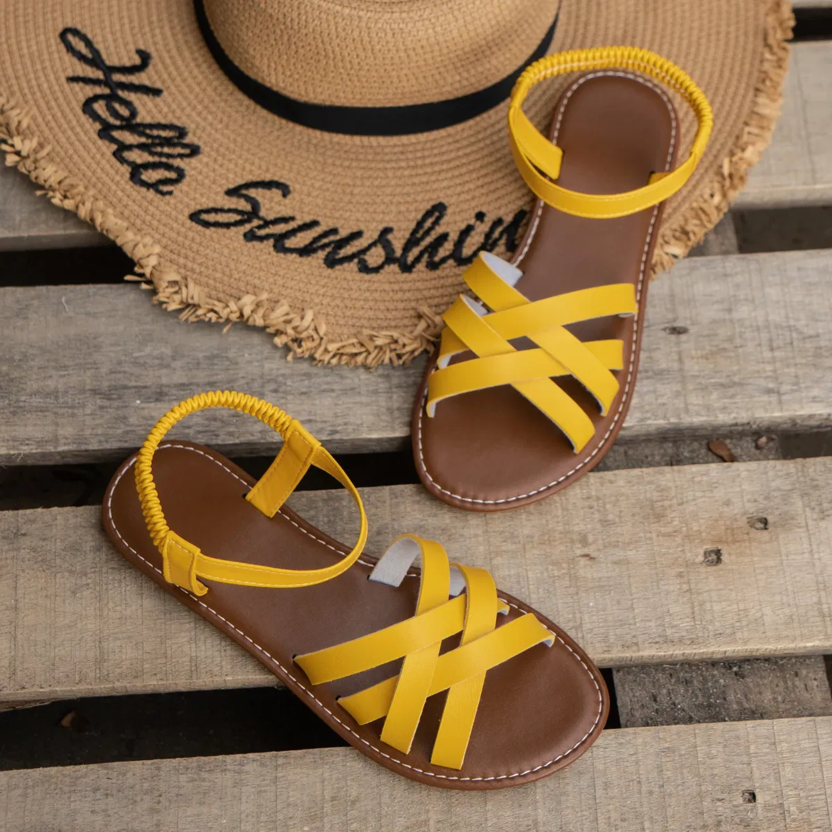 Color: Brown, Shoe Size: 43 - Shoes for Women 2024 Summer New Women Flat Sandals Bottom Roman Strap Sandals with Non Slip Rubber Soles Ladies Daily Sandalia