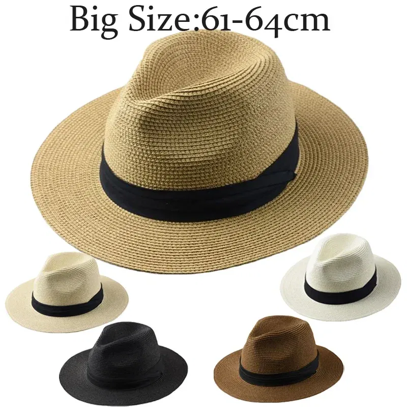 Color: Khaki, Size: S - Large Size XL61-64cm Panama Sun Hats Men Wide Brim Straw Caps Women Summer Big Head Beach Hat Male Plus Size Fedora Hat 58-60cm