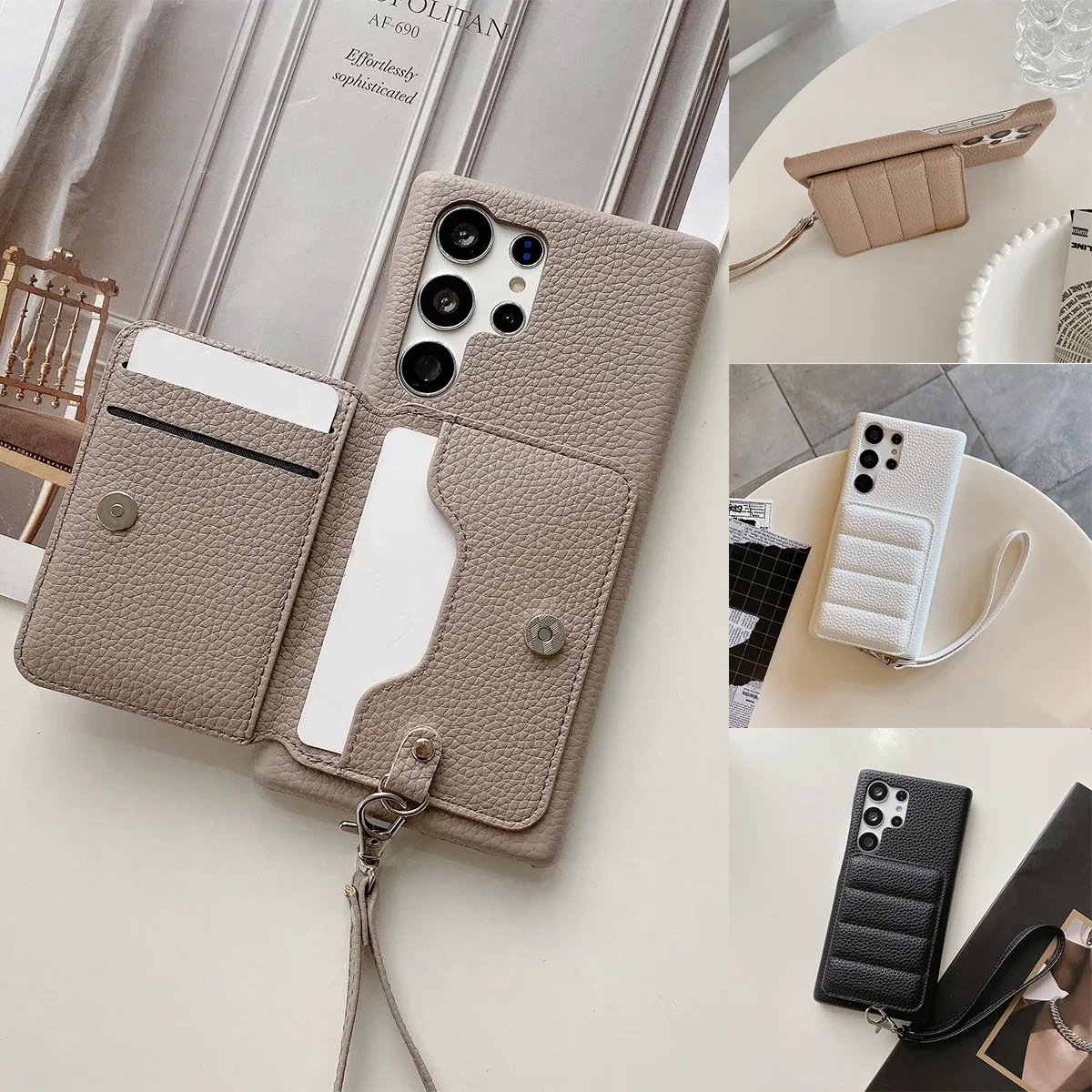 Color: light brown, Material: Microfiber - Luxury Lanyard Wallet Case For Samsung Galaxy S21 FE S22 S23 Plus Note 20 Ultra A52 A53 A54 5G Lichee Pattern Leather Cover