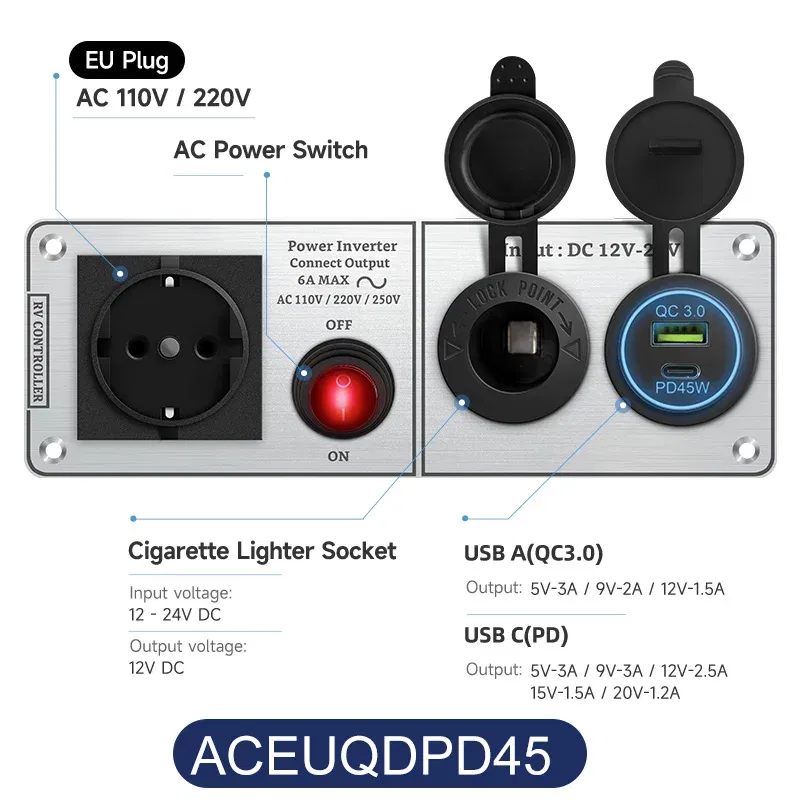 Color Name: PURPLE, Ships From: CHINA - Car Charger Multi-Functions Aluminum Panel Inverter AC110V 220V Dual Port USB QC3.0 12V 24V for RV Yacht Travel Trailers