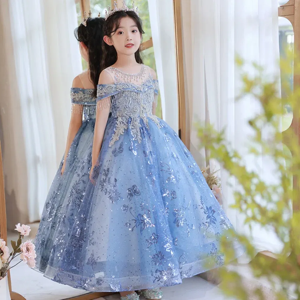 Color: Blue, Kid Size: 13 - Children's Dress Princess Dress Fluffy Gauze Flower Girl Heavy Industry Trailing Catwalk Small Host Piano Performance