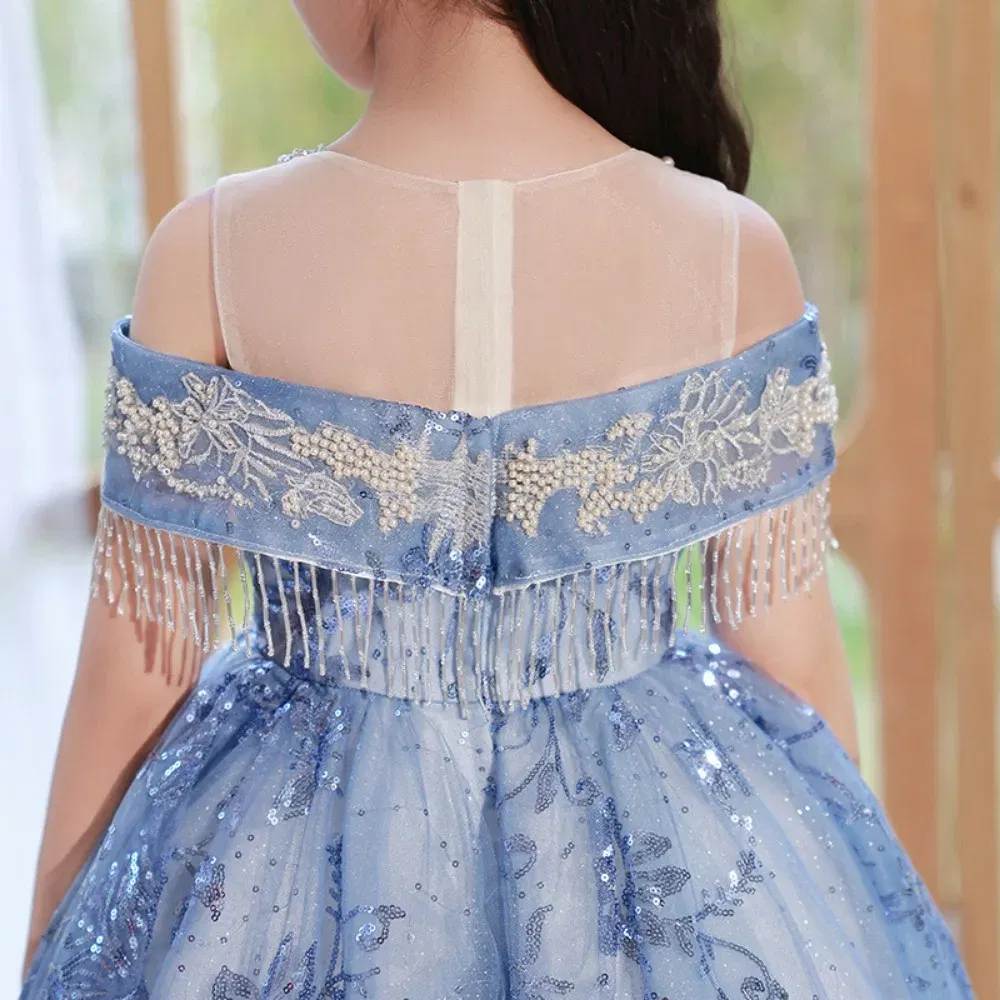 Color: Blue, Kid Size: 13 - Children's Dress Princess Dress Fluffy Gauze Flower Girl Heavy Industry Trailing Catwalk Small Host Piano Performance