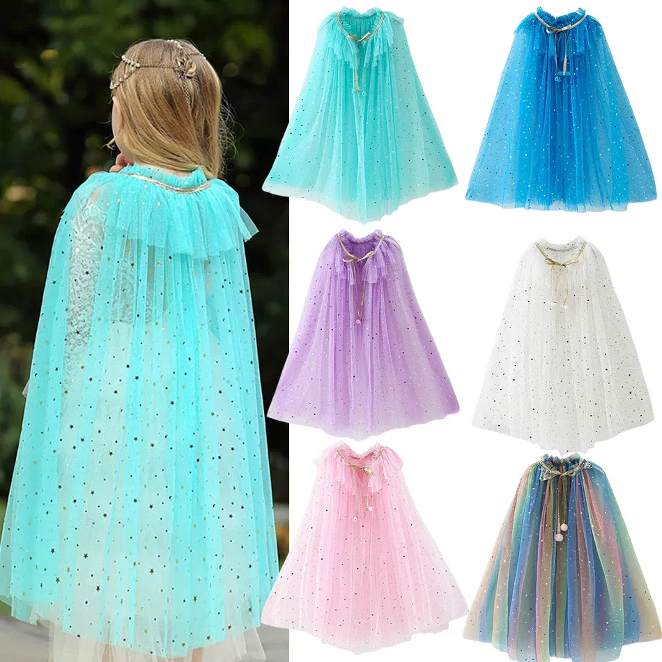 Color: Blue, Kid Size: 8T - Little Girls Sequins Tulle Cape Children Princess Party Dress Up Cloaks Summer Thin Blue Pink White Halloween Birthday Costumes