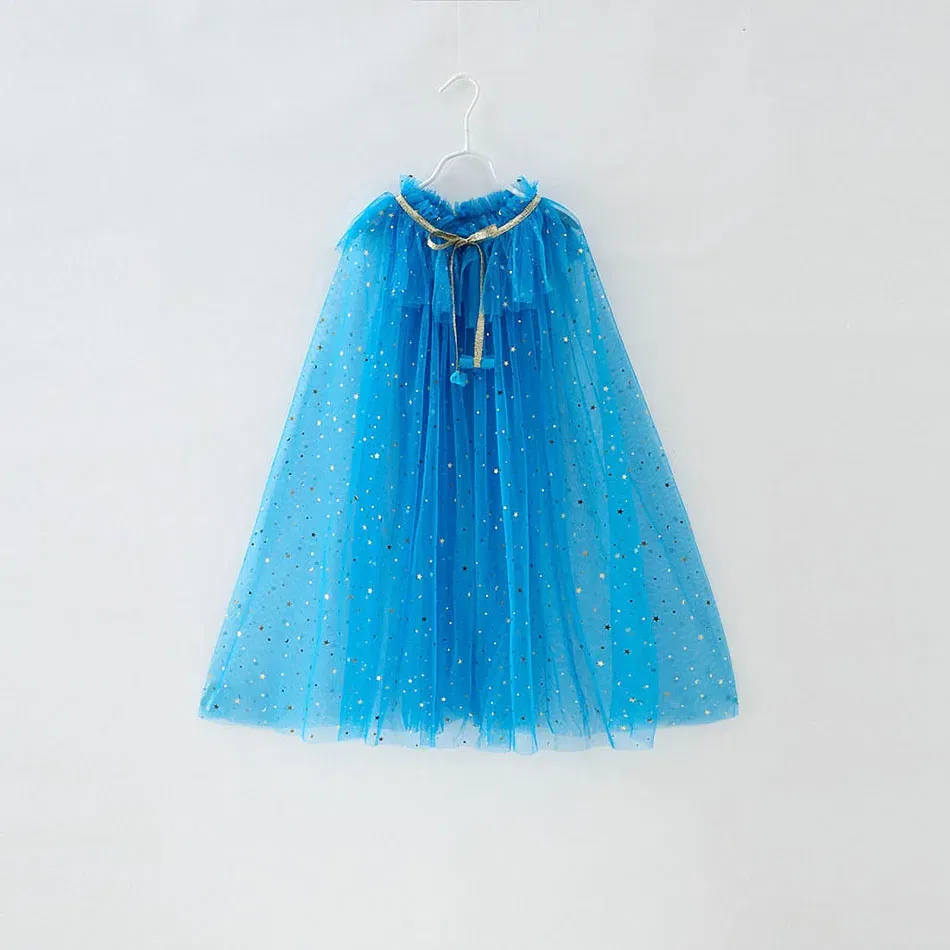 Color: Blue, Kid Size: 8T - Little Girls Sequins Tulle Cape Children Princess Party Dress Up Cloaks Summer Thin Blue Pink White Halloween Birthday Costumes