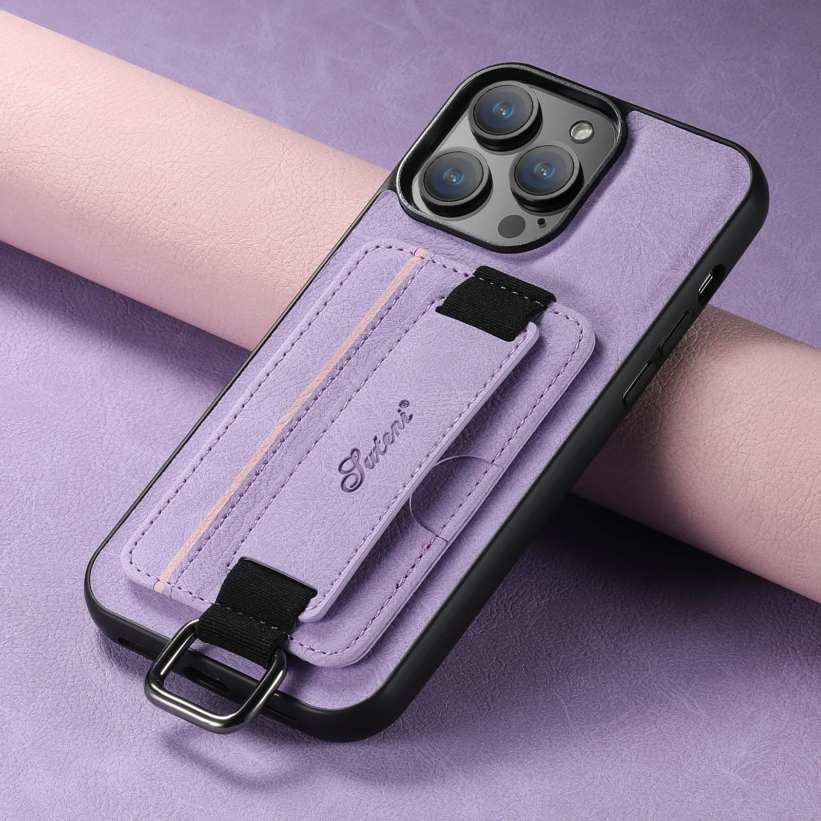 Color: PURPLE, Material: ABS - SUTENI Lychee skin print wrist strap card phone case Card holder for iPhone 16 ProMax 15 Plus 14 13 12 11 XR XS Black/blue/brown