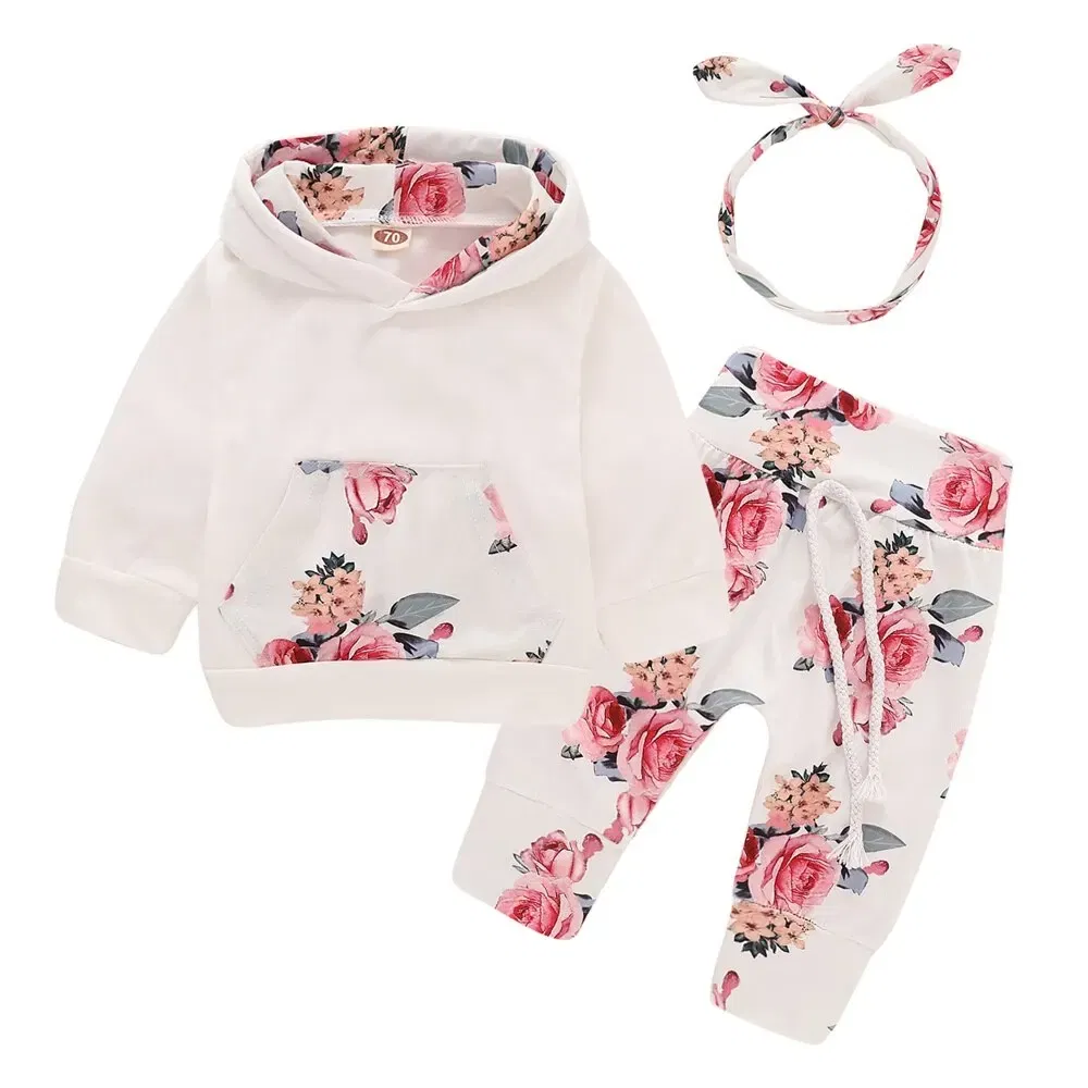 Color: WHITE, Kid Size: 3M - 0-18 Months Toddler Baby Girl 3PCS Hooded Clothes Set Flowers Print Long Sleeve Top+Pant+Bowknot Headband Fashion Autumn Outfit