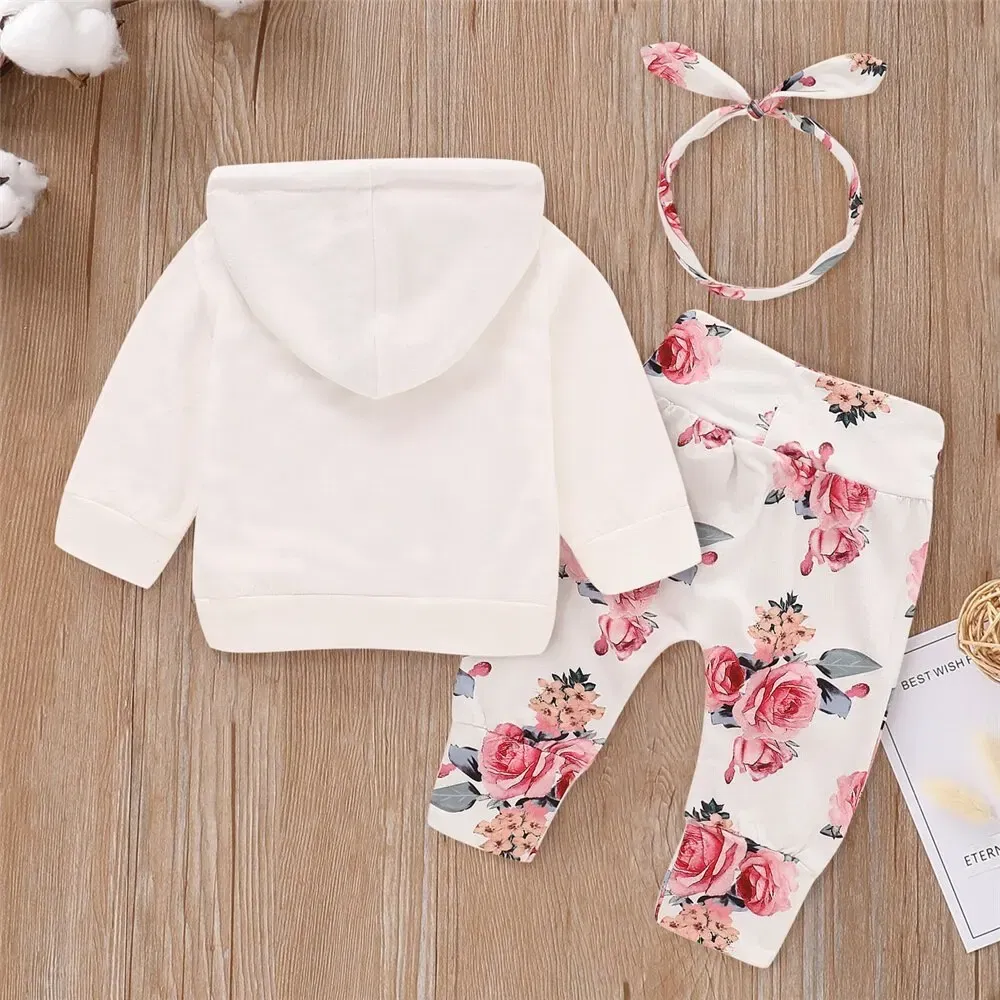 Color: WHITE, Kid Size: 3M - 0-18 Months Toddler Baby Girl 3PCS Hooded Clothes Set Flowers Print Long Sleeve Top+Pant+Bowknot Headband Fashion Autumn Outfit
