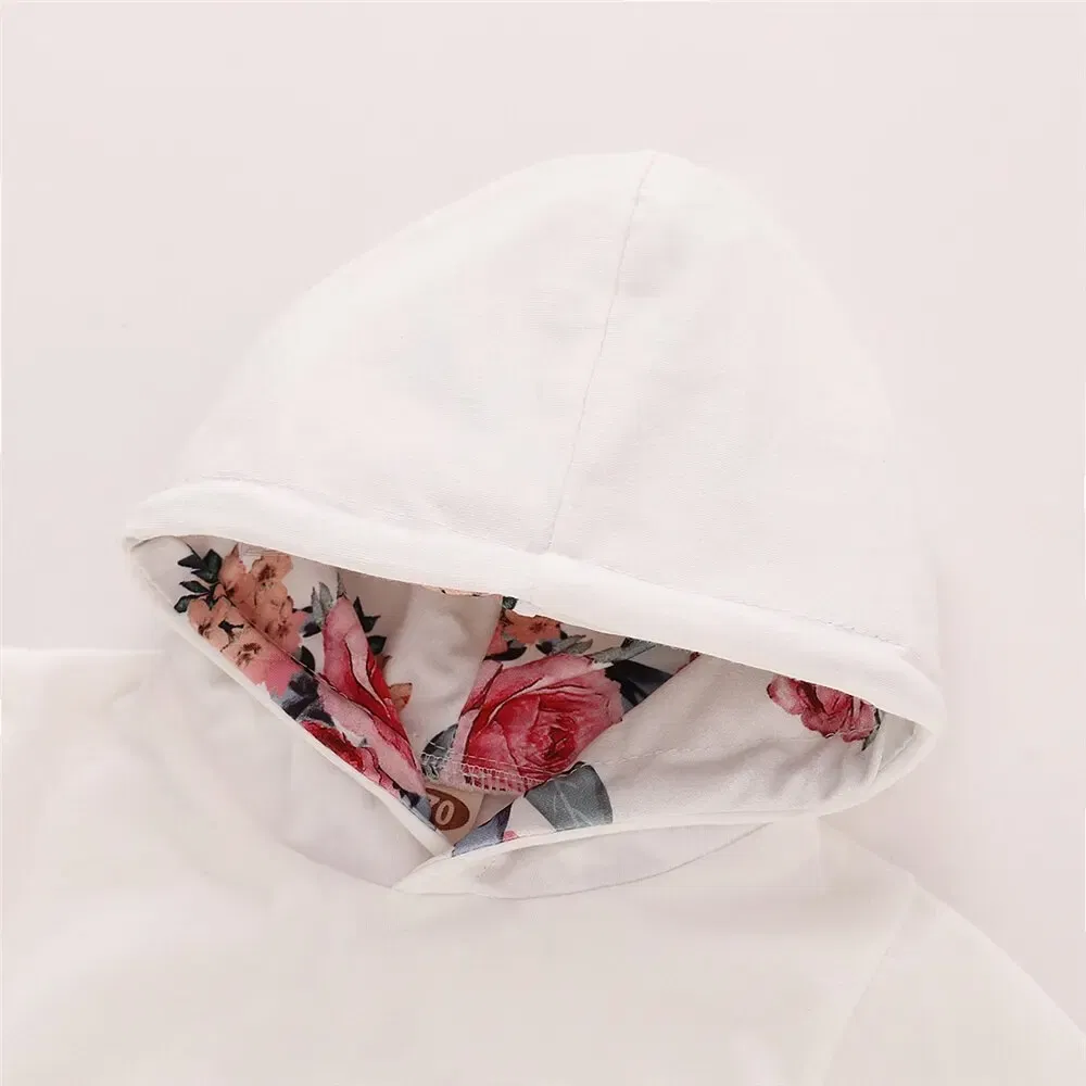 Color: WHITE, Kid Size: 3M - 0-18 Months Toddler Baby Girl 3PCS Hooded Clothes Set Flowers Print Long Sleeve Top+Pant+Bowknot Headband Fashion Autumn Outfit