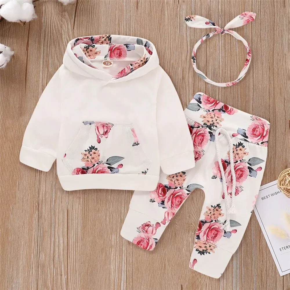 Color: WHITE, Kid Size: 3M - 0-18 Months Toddler Baby Girl 3PCS Hooded Clothes Set Flowers Print Long Sleeve Top+Pant+Bowknot Headband Fashion Autumn Outfit