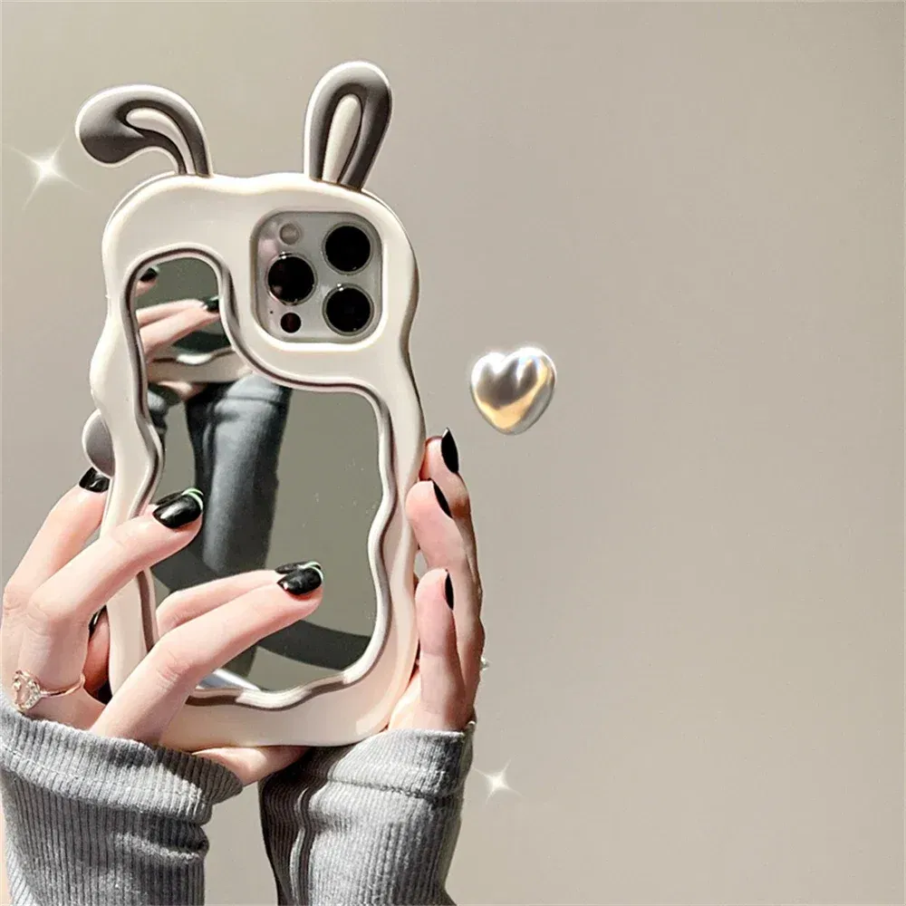 Color: Beige, Material: Genuine Leather - Cute Bunny Ears Mirror Phone Case For iPhone 15 14 Plus 13 12 11 Pro Max Shockproof Silicone Case