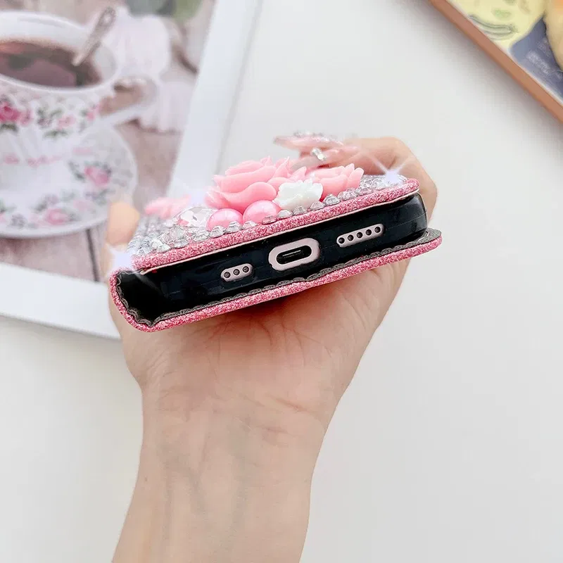 Color: Rose, Material: Denim - Wallet Glitter Case For Samsung Galaxy S24 FE S23 Ultra S22 Plus S21 S20 A13 A14 A15 A16 A53 A54 A55 A34 Flip Luxury Leather