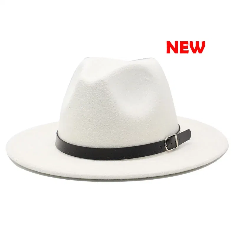 Color: WHITE, Size: M - Classic British Fedora Hat Men Women Imitation Woolen Winter Felt Hats Fashion Jazz Hat Chapeau Wholesale