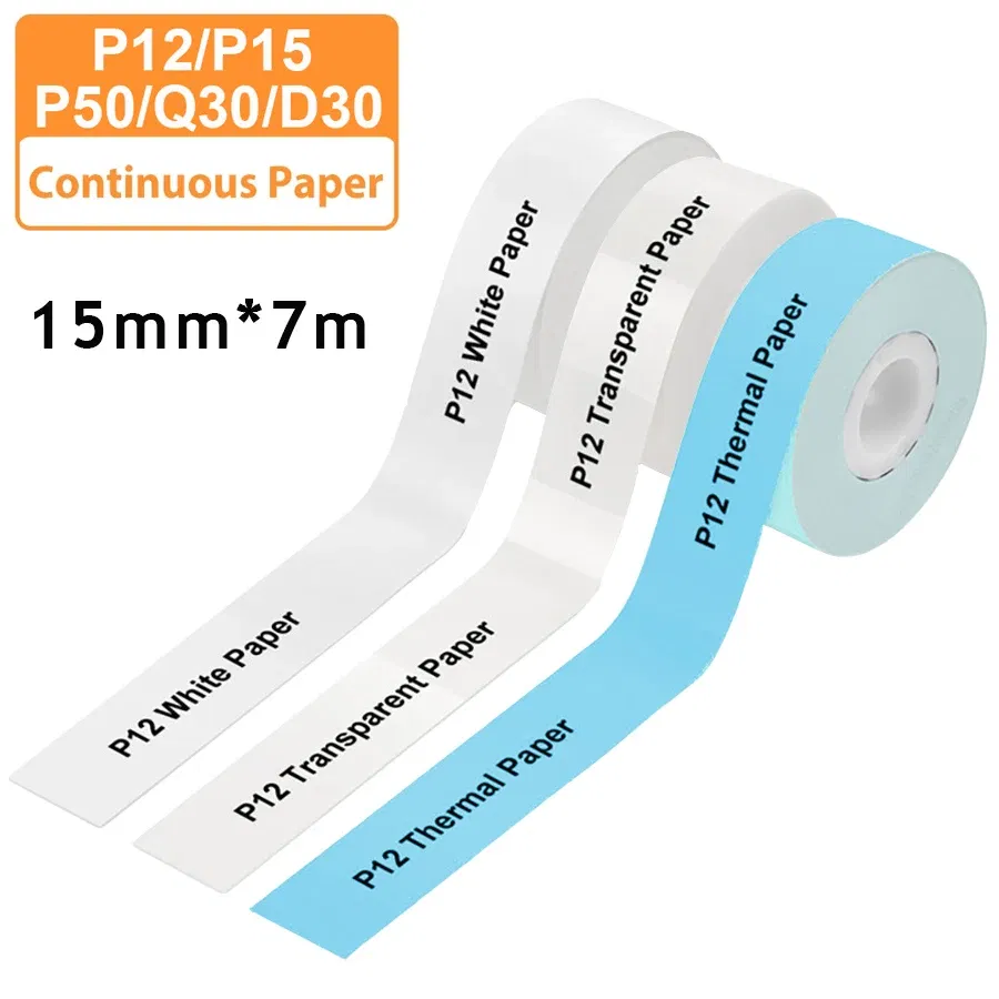 Color: green - 3pcs 15mm x7m Continuous Label Paper fit for P12 P15 Phomemo D30 Q30 Printer Waterproof Self Adhesive Thermal Printer Sticker