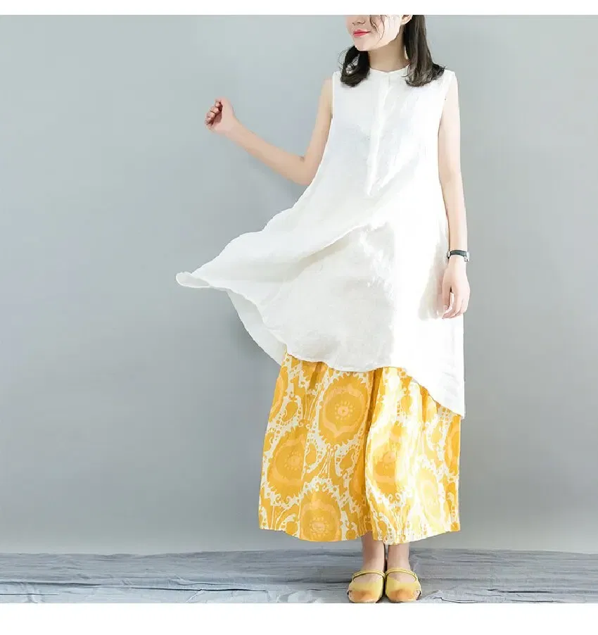 Size: S - Printed Loose Linen Wide Leg Pants Women's Nine-Point Pants Elastic Waist Casual Versatile Culottes Yellow