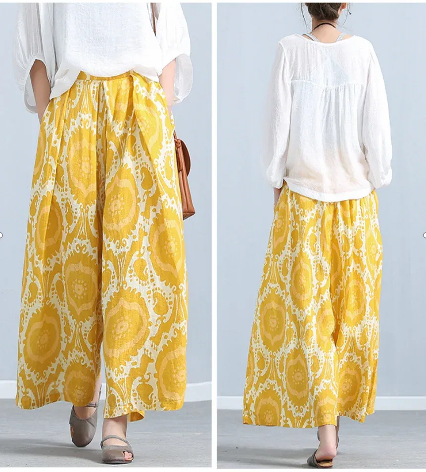 Size: S - Printed Loose Linen Wide Leg Pants Women's Nine-Point Pants Elastic Waist Casual Versatile Culottes Yellow