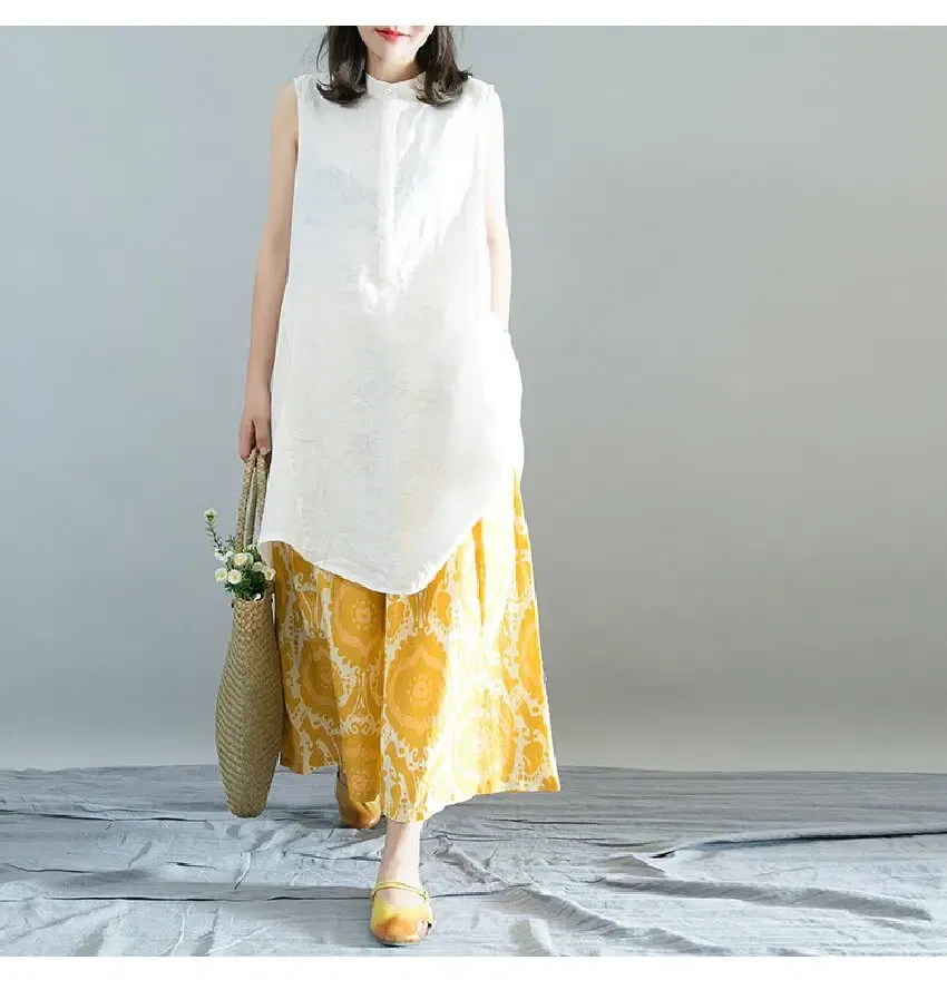 Size: S - Printed Loose Linen Wide Leg Pants Women's Nine-Point Pants Elastic Waist Casual Versatile Culottes Yellow