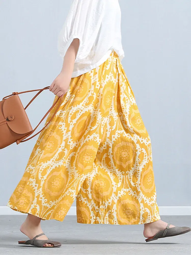 Size: S - Printed Loose Linen Wide Leg Pants Women's Nine-Point Pants Elastic Waist Casual Versatile Culottes Yellow